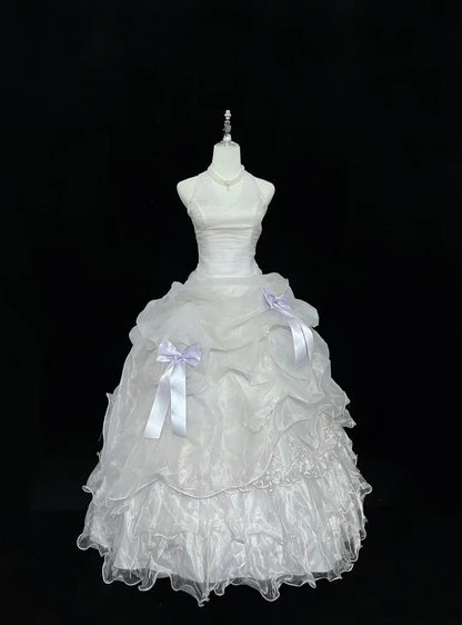 Modest Ball Gown Halter White With Tiered Layers Lilac Bow Long Quince Dress Voluminous Sweet 16 Sweet Sixteen Outfits Vestido de 15 RB7535