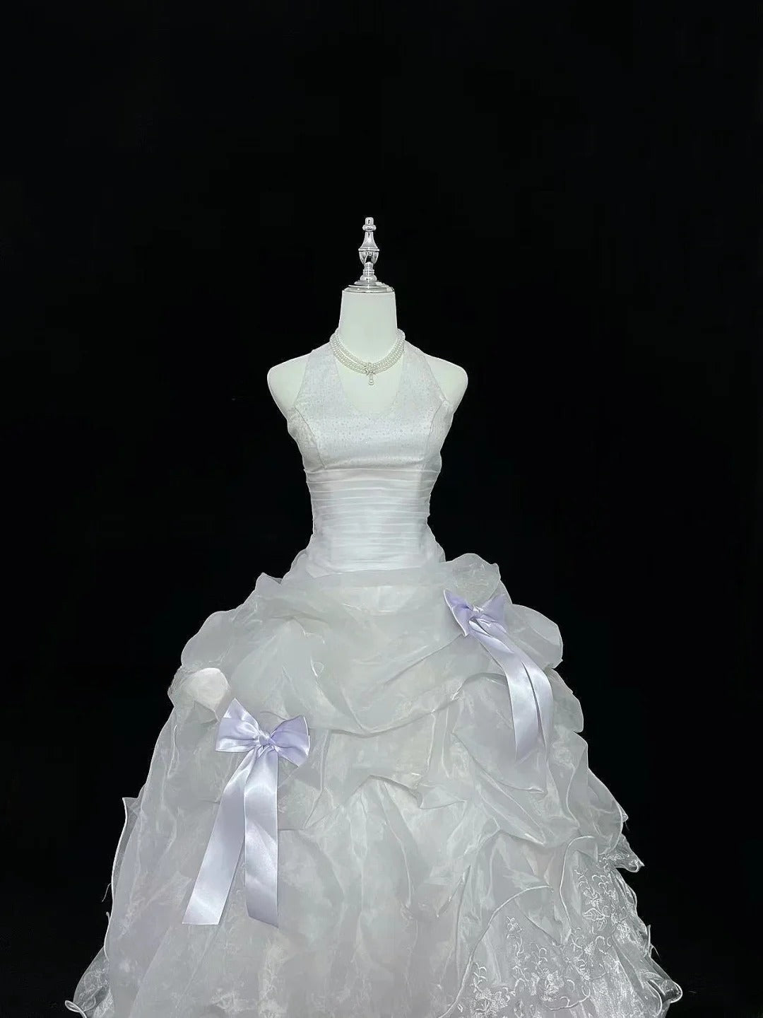 Modest Ball Gown Halter White With Tiered Layers Lilac Bow Long Quince Dress Voluminous Sweet 16 Sweet Sixteen Outfits Vestido de 15 RB7535