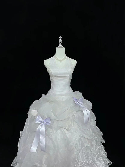 Modest Ball Gown Halter White With Tiered Layers Lilac Bow Long Quince Dress Voluminous Sweet 16 Sweet Sixteen Outfits Vestido de 15 RB7535