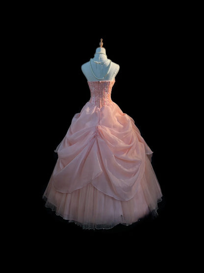 Princess Ball Gown Strapless Pink Tulle Long With Beading Sweet 16 Dresses Seventeen Quince Dress RB3595