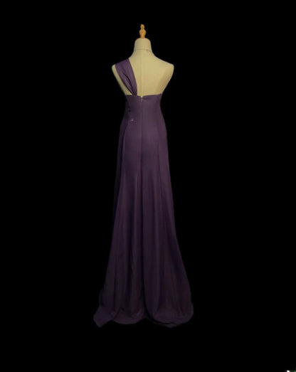 Retro A line One Shoulder Purple Chiffon Long Date Night Outfits Semi Formal Prom Wedding Guest Dresses RB5963