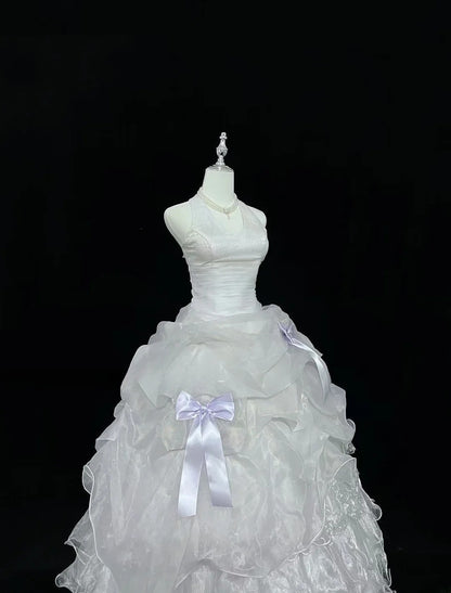 Modest Ball Gown Halter White With Tiered Layers Lilac Bow Long Quince Dress Voluminous Sweet 16 Sweet Sixteen Outfits Vestido de 15 RB7535