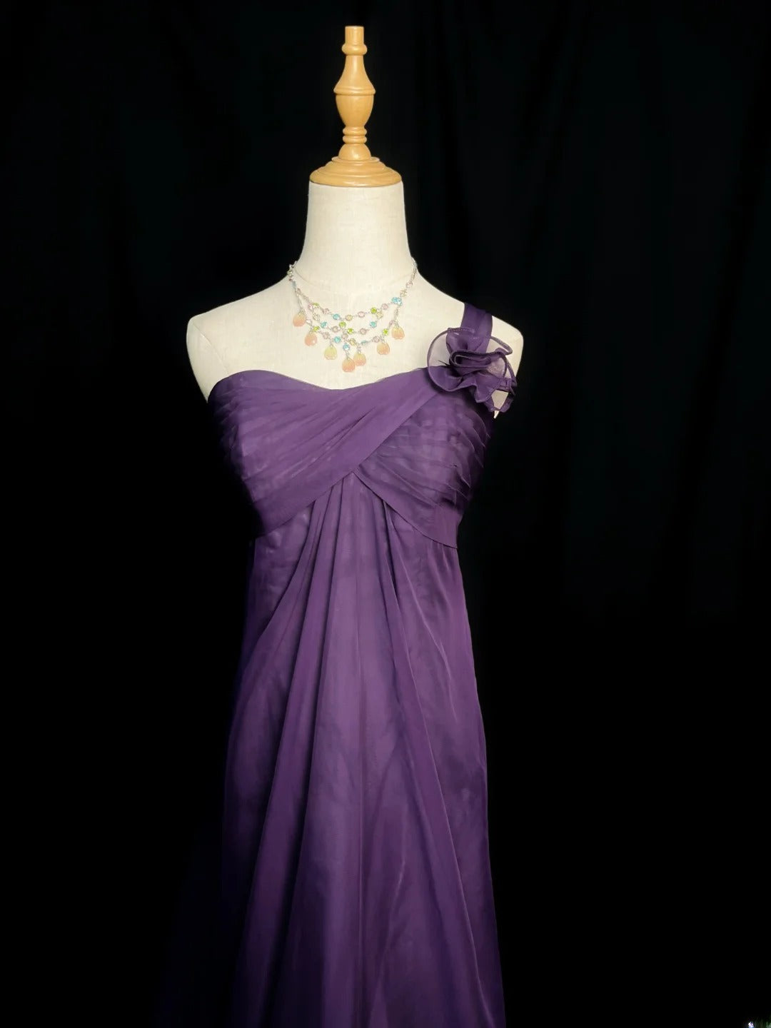 Retro A line One Shoulder Purple Chiffon Long Date Night Outfits Semi Formal Prom Wedding Guest Dresses RB5963