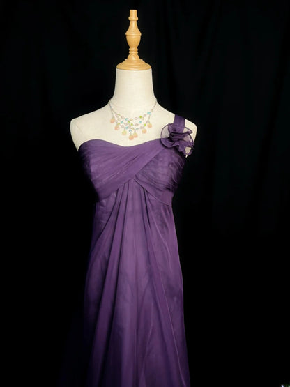 Retro A line One Shoulder Purple Chiffon Long Date Night Outfits Semi Formal Prom Wedding Guest Dresses RB5963