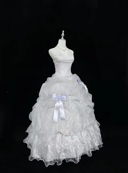 Modest Ball Gown Halter White With Tiered Layers Lilac Bow Long Quince Dress Voluminous Sweet 16 Sweet Sixteen Outfits Vestido de 15 RB7535