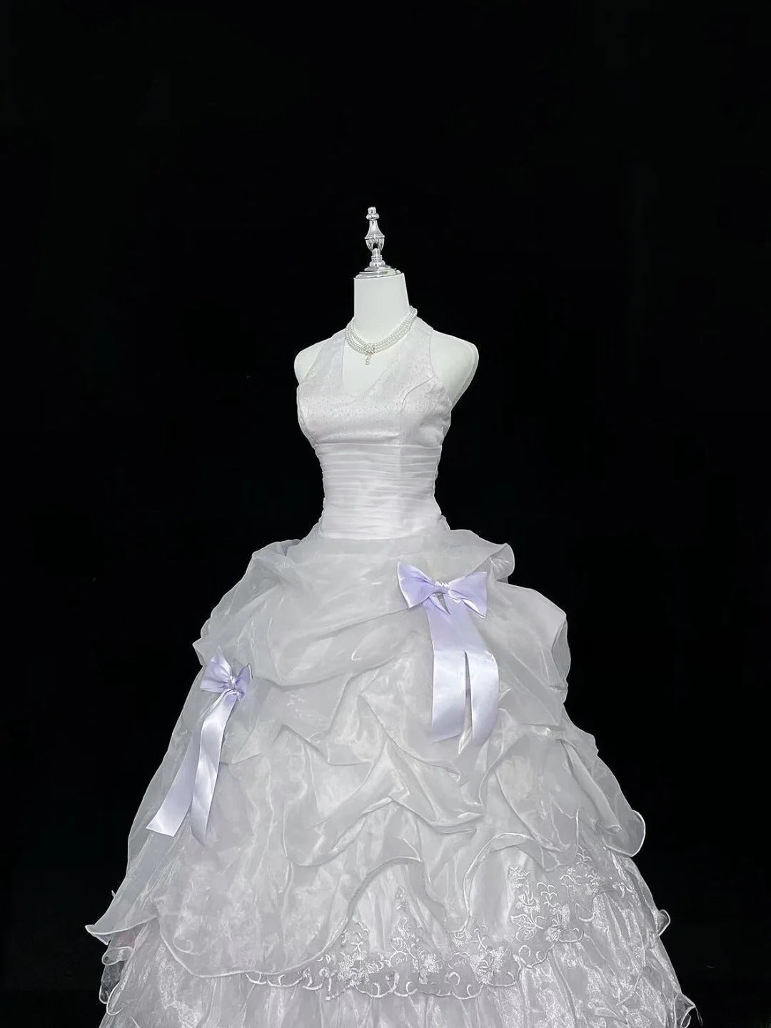 Modest Ball Gown Halter White With Tiered Layers Lilac Bow Long Quince Dress Voluminous Sweet 16 Sweet Sixteen Outfits Vestido de 15 RB7535