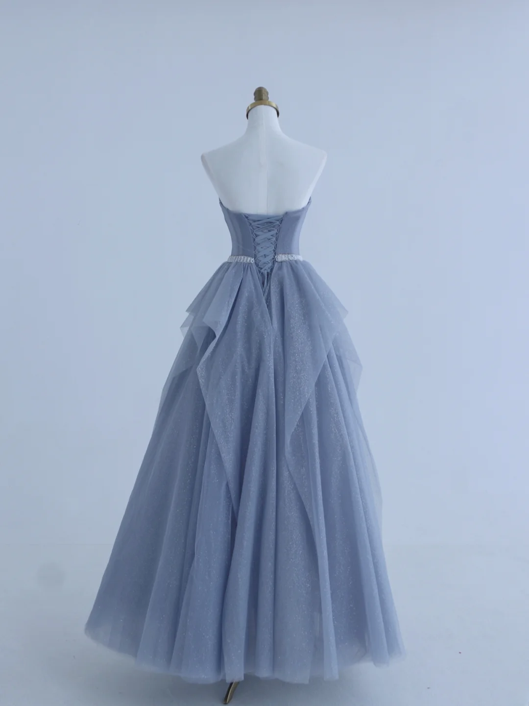 Charming Ball Gown Strapless Dusty Blue Tulle Long Prom Dresses Impress 18th Birthday Outfits Prom Gown AS156