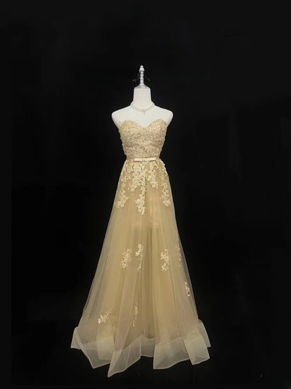 Vintage A Line Sweetheart Gold With Appliqued Lace Long Prom Dress Formal Outfits Party Dresses RB7536