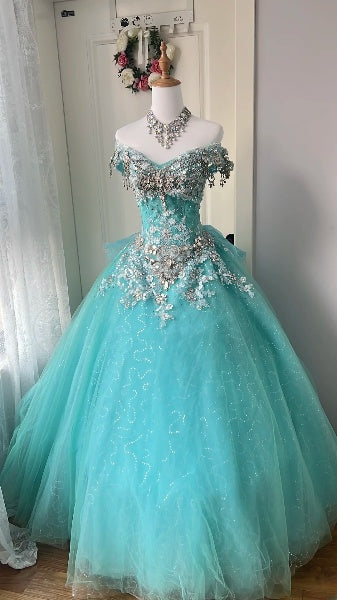 Elegant Sweet 16 Dress Long Off The Shoulder Blue Tulle Ball Gown Sweet Sixteen Party Birthday Dresses RC0520