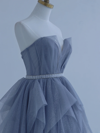 Charming Ball Gown Strapless Dusty Blue Tulle Long Prom Dresses Impress 18th Birthday Outfits Prom Gown AS156