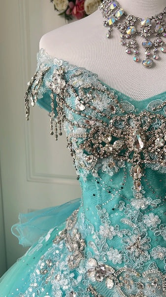 Elegant Sweet 16 Dress Long Off The Shoulder Blue Tulle Ball Gown Sweet Sixteen Party Birthday Dresses RC0520