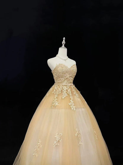 Vintage A Line Sweetheart Gold With Appliqued Lace Long Prom Dress Formal Outfits Party Dresses RB7536