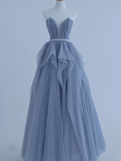 Charming Ball Gown Strapless Dusty Blue Tulle Long Prom Dresses Impress 18th Birthday Outfits Prom Gown AS156