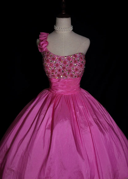 Sweet 16 Dress One Shoulder Pink Satin Sleeveless Ball Gown With Beading Sweet Sixteen Dress RB9949