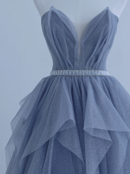 Charming Ball Gown Strapless Dusty Blue Tulle Long Prom Dresses Impress 18th Birthday Outfits Prom Gown AS156