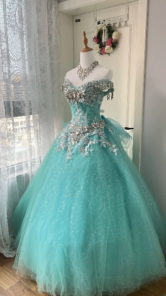 Elegant Sweet 16 Dress Long Off The Shoulder Blue Tulle Ball Gown Sweet Sixteen Party Birthday Dresses RC0520