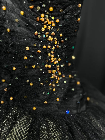 Pretty Ball Gown Sweetheart Black Tulle With Gold Beads Long 15 Quinceanera Dresses Photo Ideas Formal Outfit RB5965