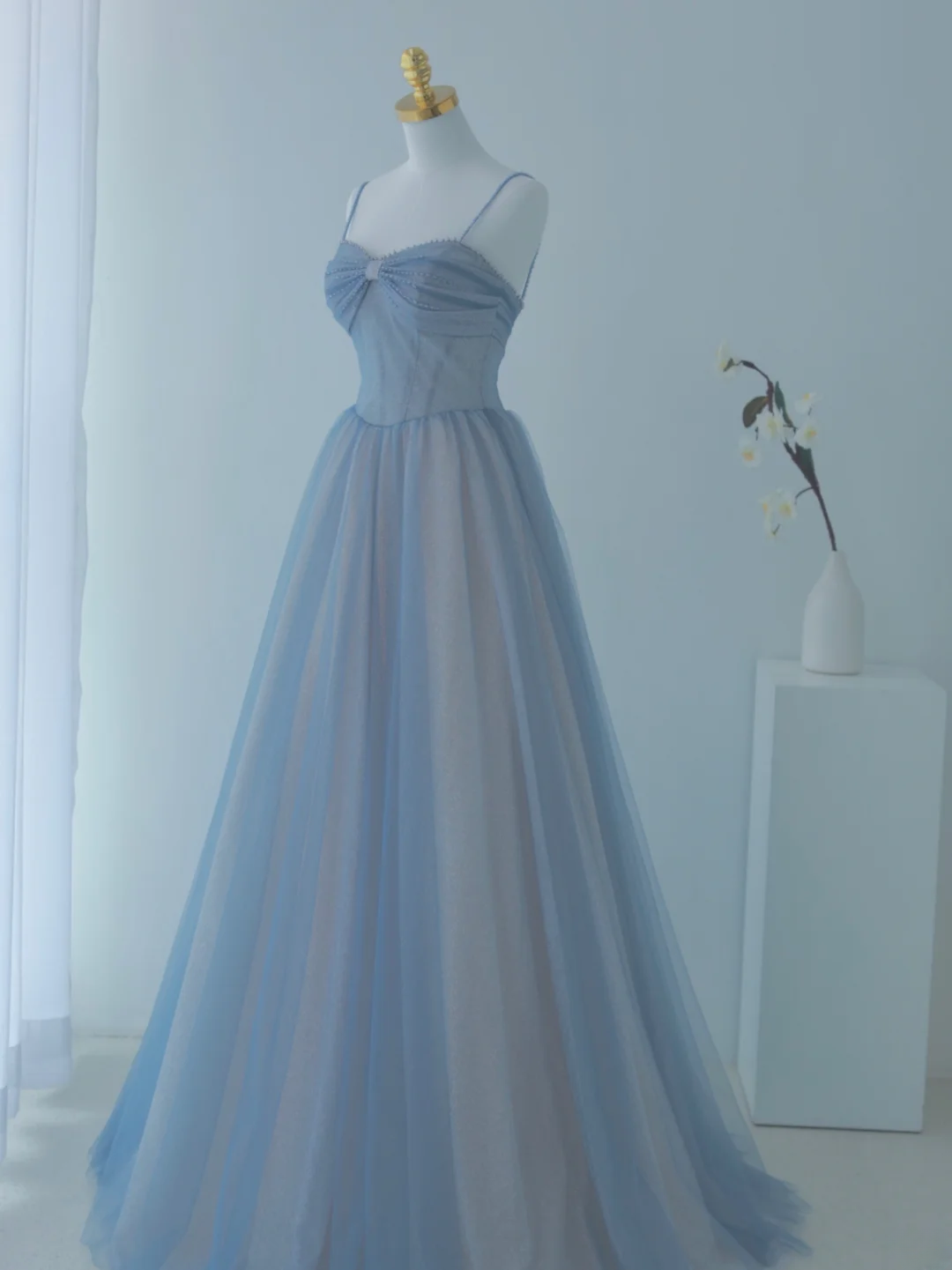 Charming Ball Gown Spaghetti Straps Dusty Blue Tulle Long Prom Dresses Impress 18th Birthday Outfits Prom Gown AS157