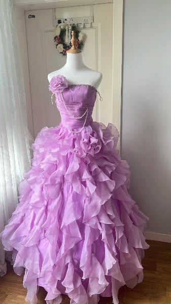 Sweet 15 Quinceanera Dress Ball Gown Strapless Lilac With Tiered Layers Long 15th Birthday Gown RC0521