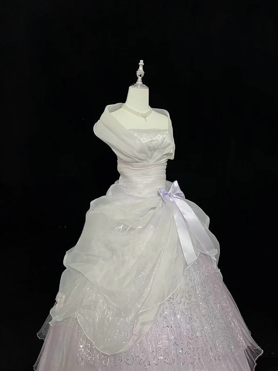 Cute Ball Gown Strapless White With Tiered Layers Lilac Bow Long Quince Dress Voluminous Sweet 16 Sweet Sixteen Outfits Vestido de 15 RB7537