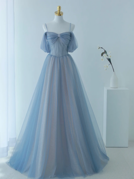 Charming Ball Gown Spaghetti Straps Dusty Blue Tulle Long Prom Dresses Impress 18th Birthday Outfits Prom Gown AS157