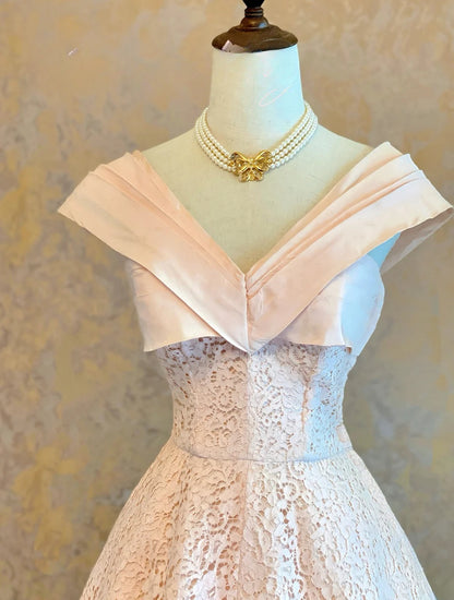 Elegant Ball Gown V Neck Pink Lace Prom Dress Mid Length For Women Evening Party Gown RB9107