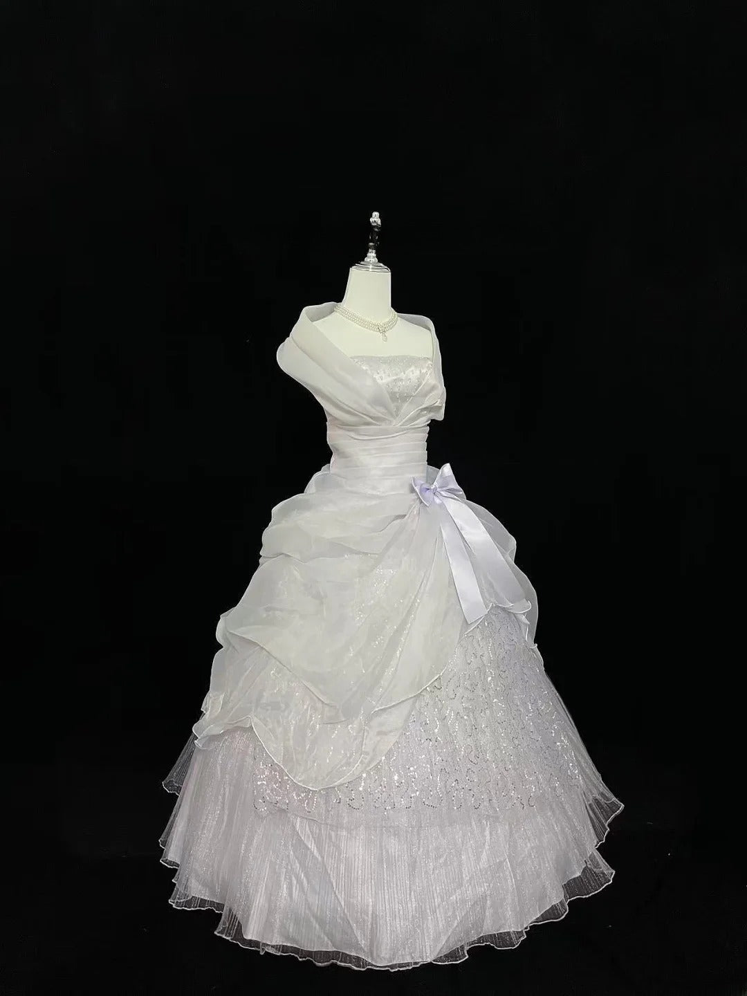 Cute Ball Gown Strapless White With Tiered Layers Lilac Bow Long Quince Dress Voluminous Sweet 16 Sweet Sixteen Outfits Vestido de 15 RB7537