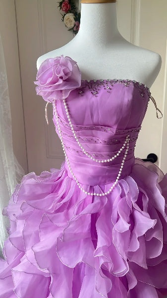 Sweet 15 Quinceanera Dress Ball Gown Strapless Lilac With Tiered Layers Long 15th Birthday Gown RC0521