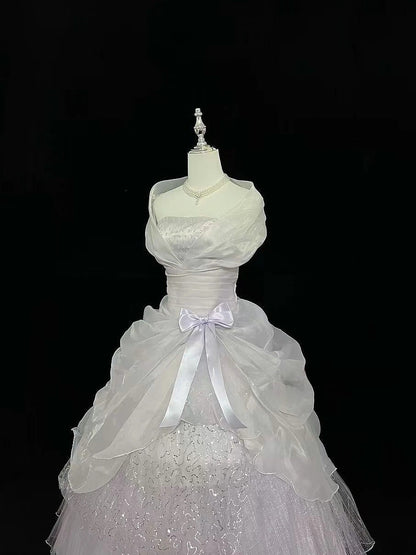 Cute Ball Gown Strapless White With Tiered Layers Lilac Bow Long Quince Dress Voluminous Sweet 16 Sweet Sixteen Outfits Vestido de 15 RB7537