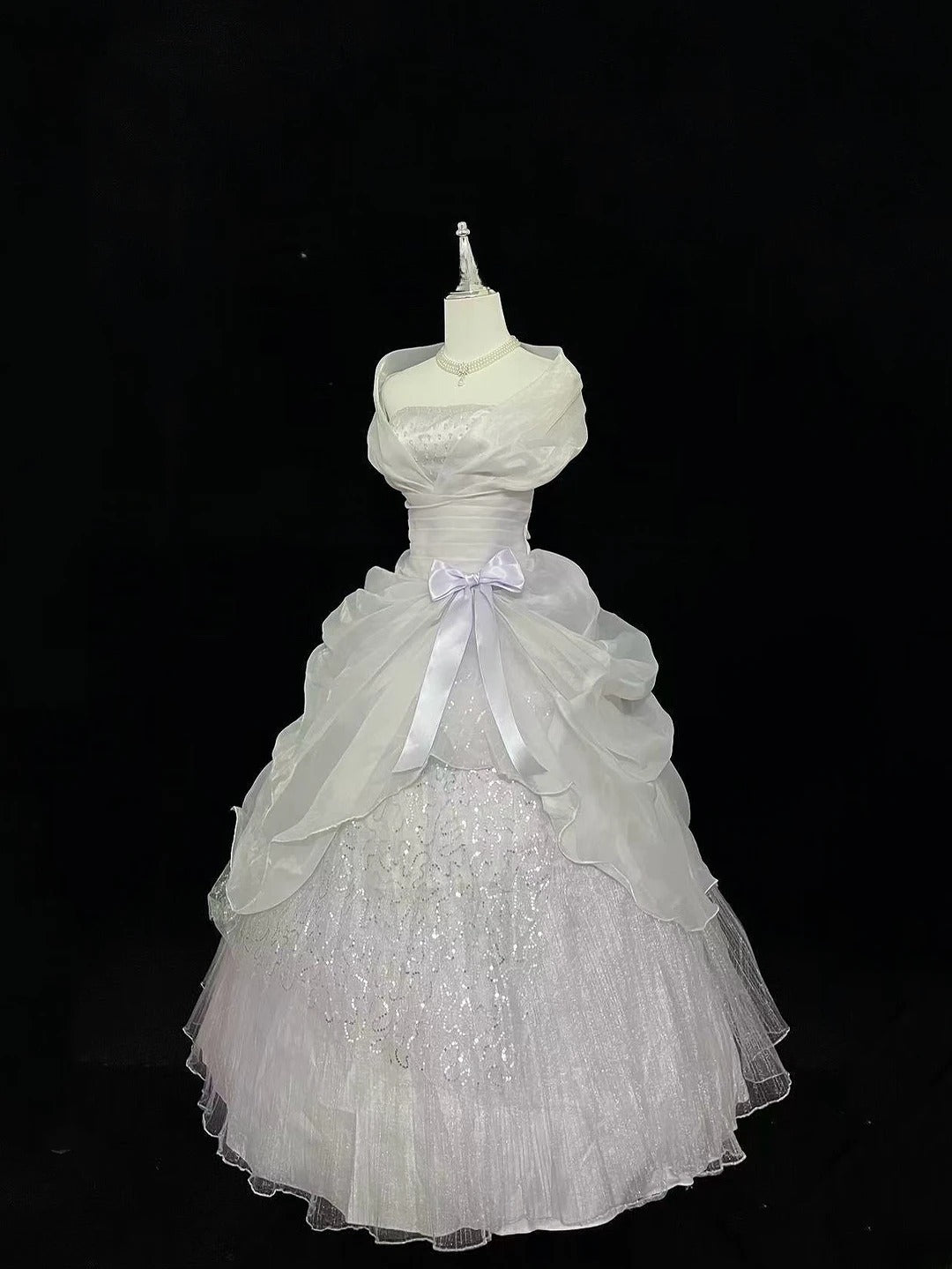 Cute Ball Gown Strapless White With Tiered Layers Lilac Bow Long Quince Dress Voluminous Sweet 16 Sweet Sixteen Outfits Vestido de 15 RB7537