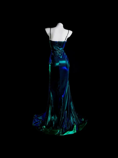 Blue Prom Dress Inspo Mermaid Spaghetti Straps Satin With Slit Modest Long Formal Party Gown RB9950