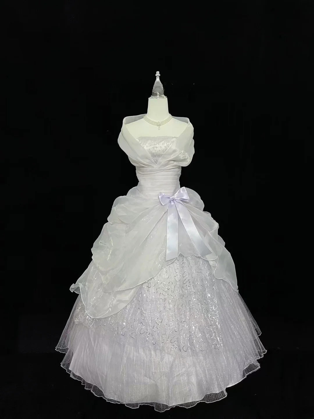 Cute Ball Gown Strapless White With Tiered Layers Lilac Bow Long Quince Dress Voluminous Sweet 16 Sweet Sixteen Outfits Vestido de 15 RB7537