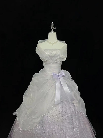Cute Ball Gown Strapless White With Tiered Layers Lilac Bow Long Quince Dress Voluminous Sweet 16 Sweet Sixteen Outfits Vestido de 15 RB7537