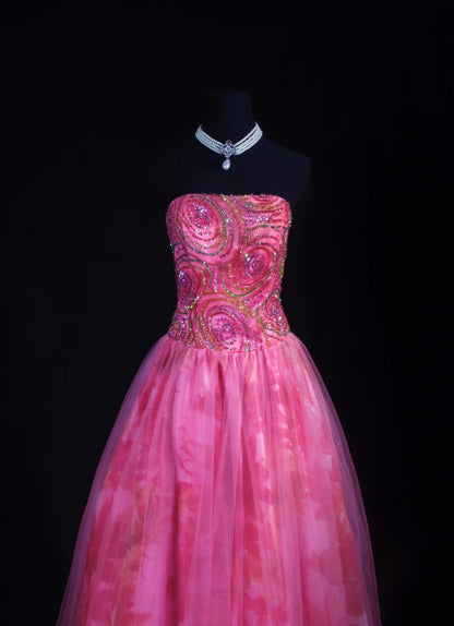 Vintage Ball Gowns Prom Dress Aesthetic Strapless Hot Pink 1950s Style Impress Long Prom Dresses Party Formal Gowns AS158