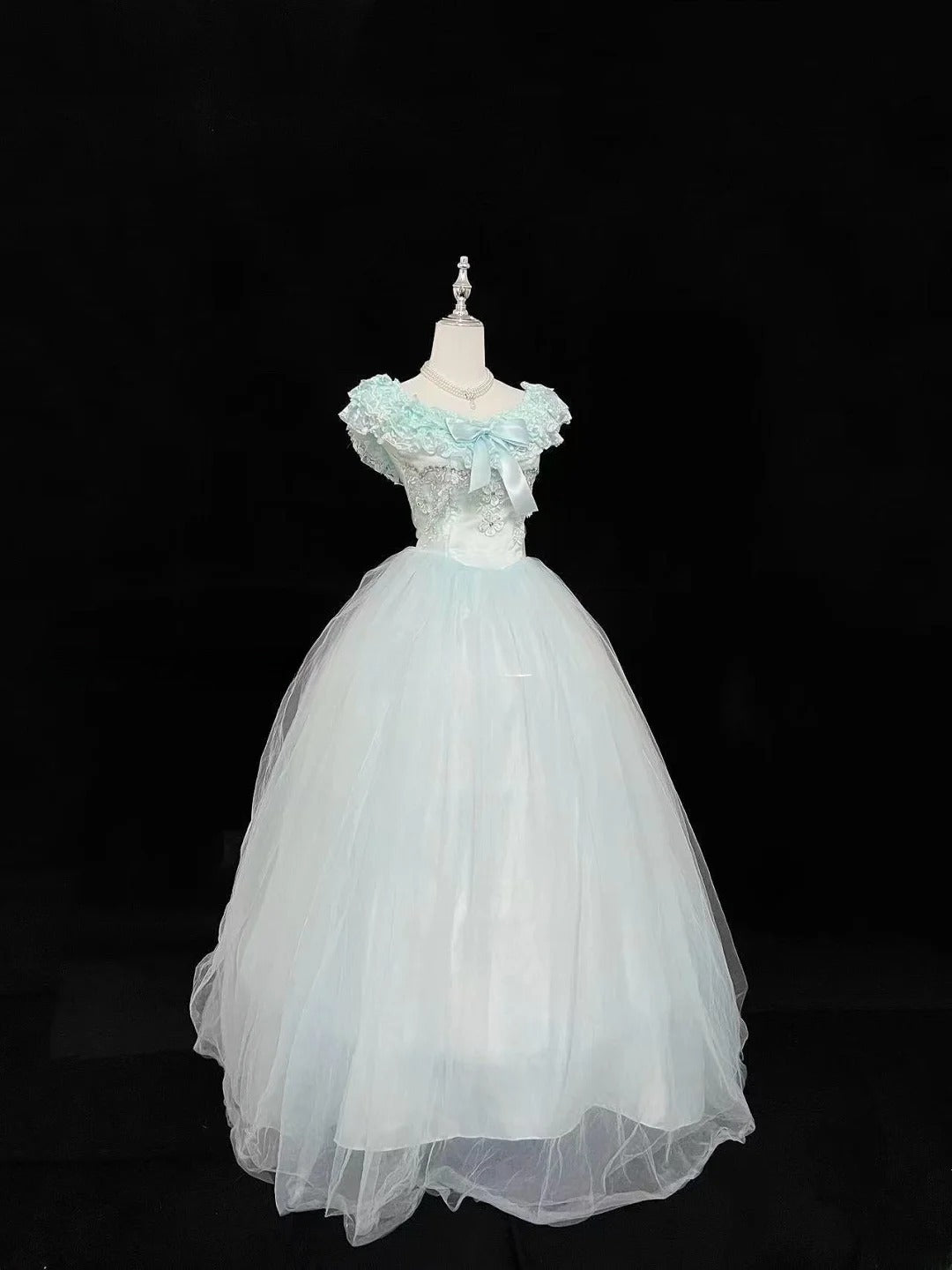 Cute Ball Gown Boat Mint Green With Tiered Layers Lilac Bow Long Quince Dress Voluminous Sweet 16 Sweet Sixteen Outfits Vestido de 15 RB7538