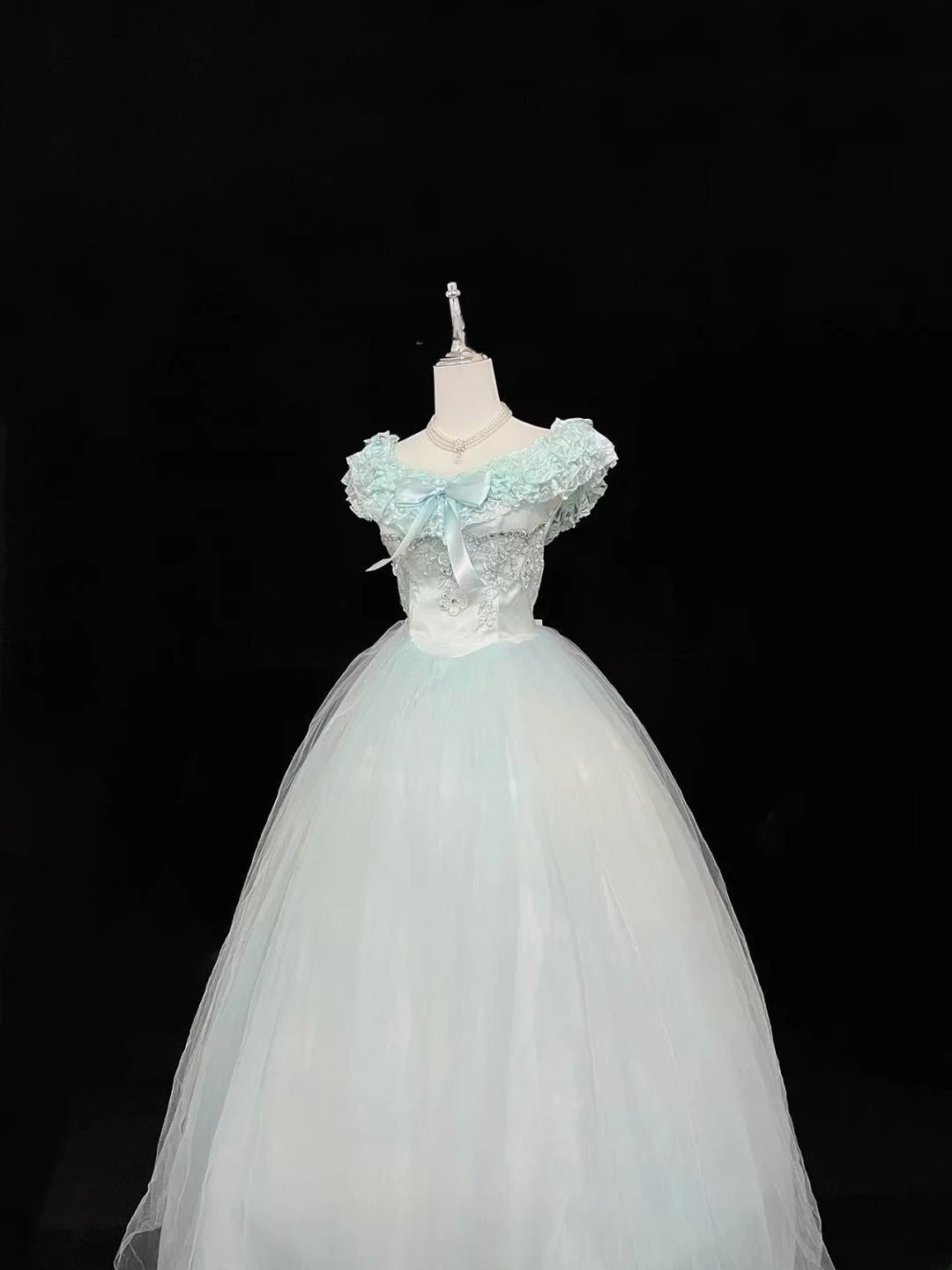Cute Ball Gown Boat Mint Green With Tiered Layers Lilac Bow Long Quince Dress Voluminous Sweet 16 Sweet Sixteen Outfits Vestido de 15 RB7538