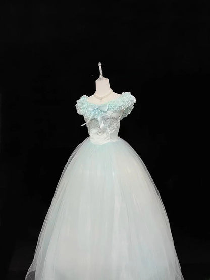 Cute Ball Gown Boat Mint Green With Tiered Layers Lilac Bow Long Quince Dress Voluminous Sweet 16 Sweet Sixteen Outfits Vestido de 15 RB7538