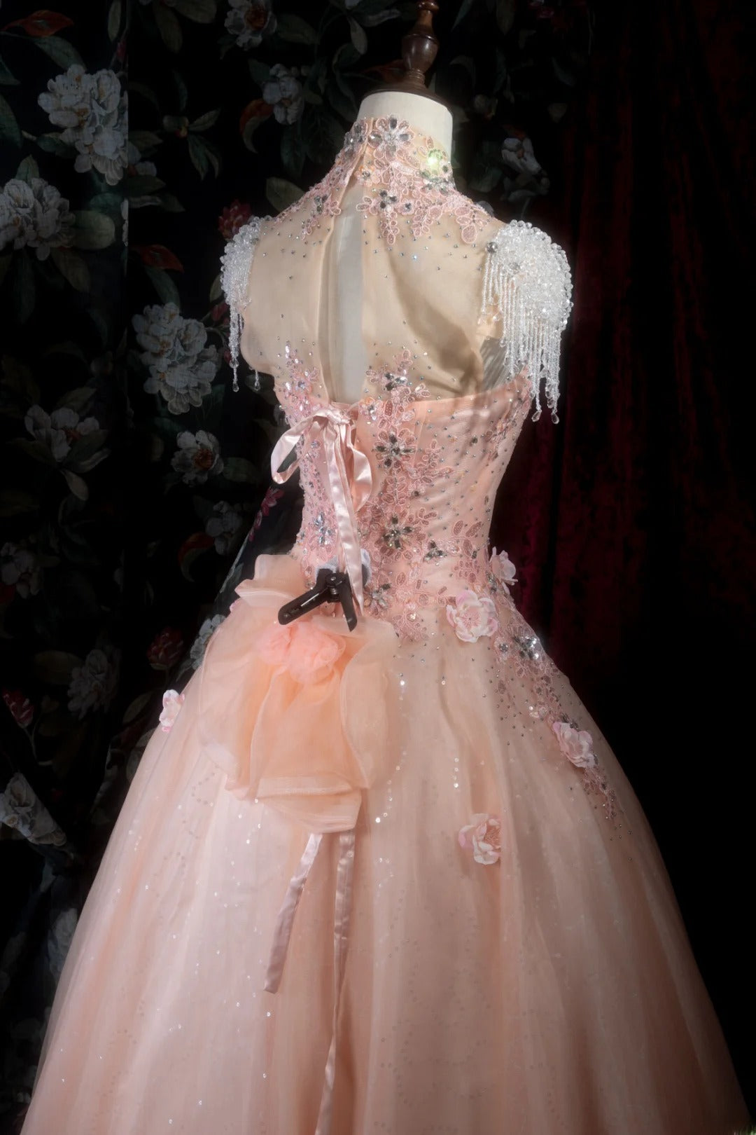 Chic Ball Gown High Neck Tulle Pink Long With Appliqued Flowers Quince Dress inspo Party Gowns Sweet 16 Outfits RB8294