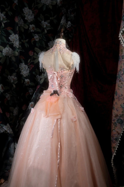 Chic Ball Gown High Neck Tulle Pink Long With Appliqued Flowers Quince Dress inspo Party Gowns Sweet 16 Outfits RB8294