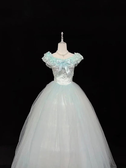 Cute Ball Gown Boat Mint Green With Tiered Layers Lilac Bow Long Quince Dress Voluminous Sweet 16 Sweet Sixteen Outfits Vestido de 15 RB7538