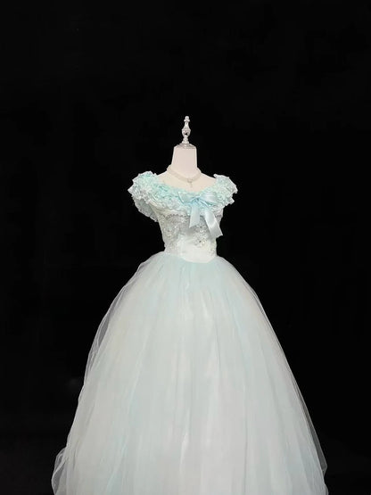 Cute Ball Gown Boat Mint Green With Tiered Layers Lilac Bow Long Quince Dress Voluminous Sweet 16 Sweet Sixteen Outfits Vestido de 15 RB7538