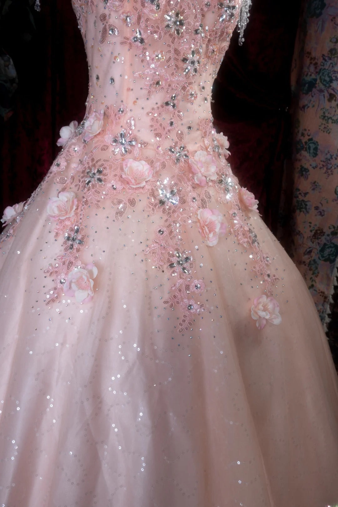 Chic Ball Gown High Neck Tulle Pink Long With Appliqued Flowers Quince Dress inspo Party Gowns Sweet 16 Outfits RB8294