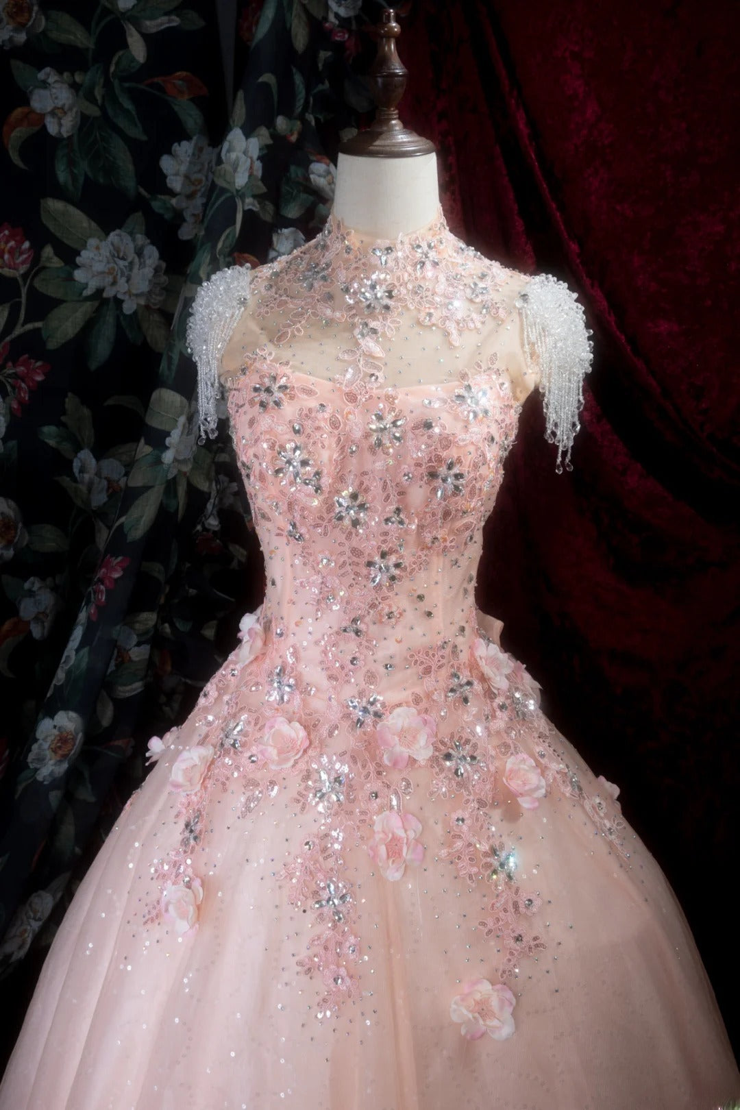 Chic Ball Gown High Neck Tulle Pink Long With Appliqued Flowers Quince Dress inspo Party Gowns Sweet 16 Outfits RB8294