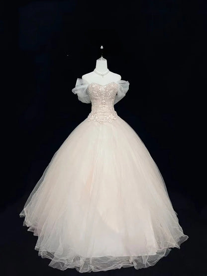 Cute Ball Gown Boat Light Pink With Appliqued Sleeves Long Quince Dress Voluminous Sweet 16 Sweet Sixteen Outfits Vestido de 15 RB7539
