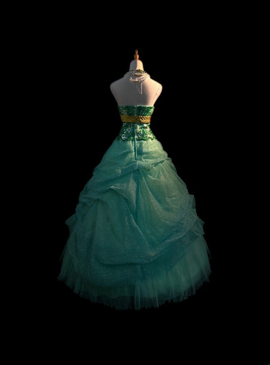 Princess Ball Gown Strapless Green Tulle Long With Beading Sweet 16 Dresses Seventeen Quince Dress RB3596