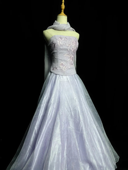 Classy Prom Dresses Ball Gown Strapless Lilac Tulle With Embroidery Scarf Long Party Gown Formal Outfits RB5968