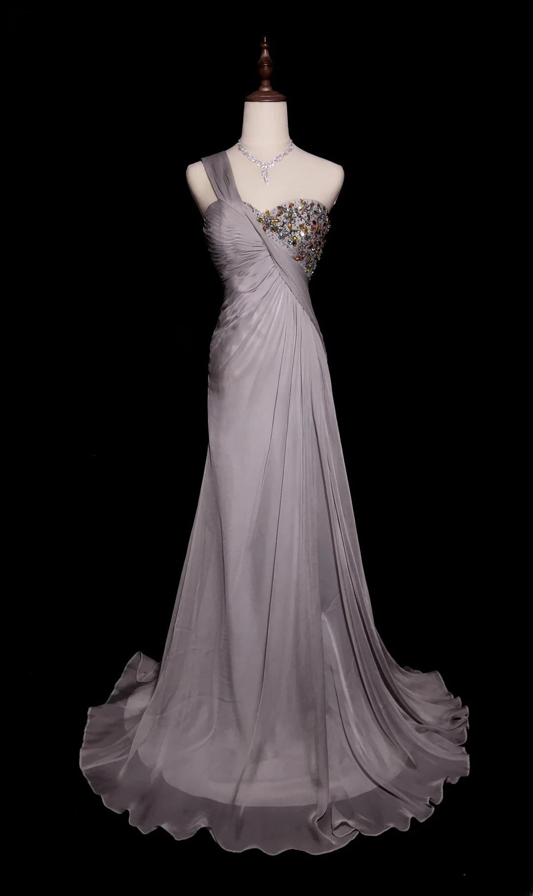 Silver Gray A Line One Shoulder Chiffon With Beading Floor Length Formal Party Gown RB9951