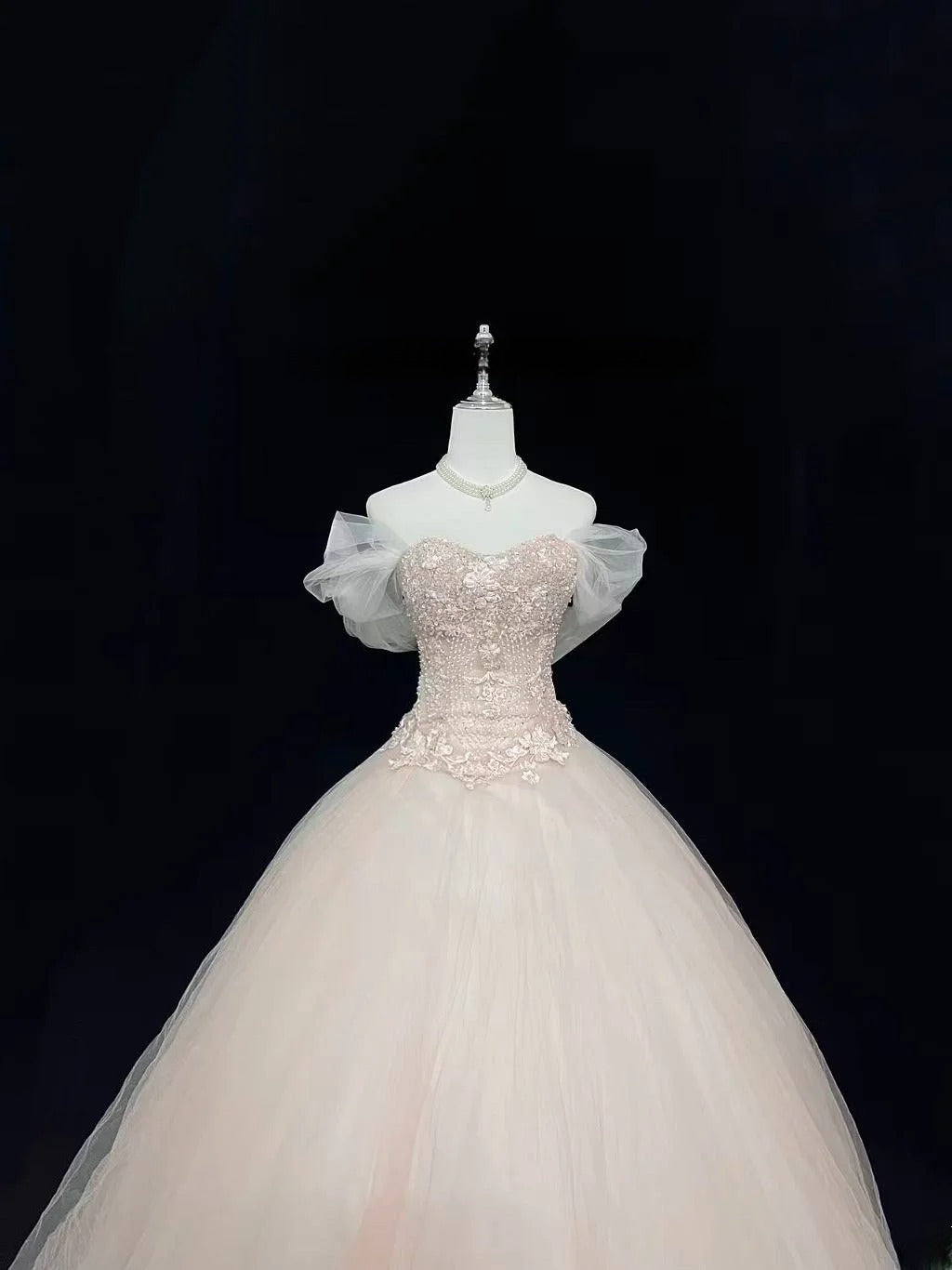 Cute Ball Gown Boat Light Pink With Appliqued Sleeves Long Quince Dress Voluminous Sweet 16 Sweet Sixteen Outfits Vestido de 15 RB7539