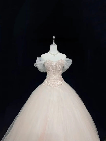 Cute Ball Gown Boat Light Pink With Appliqued Sleeves Long Quince Dress Voluminous Sweet 16 Sweet Sixteen Outfits Vestido de 15 RB7539