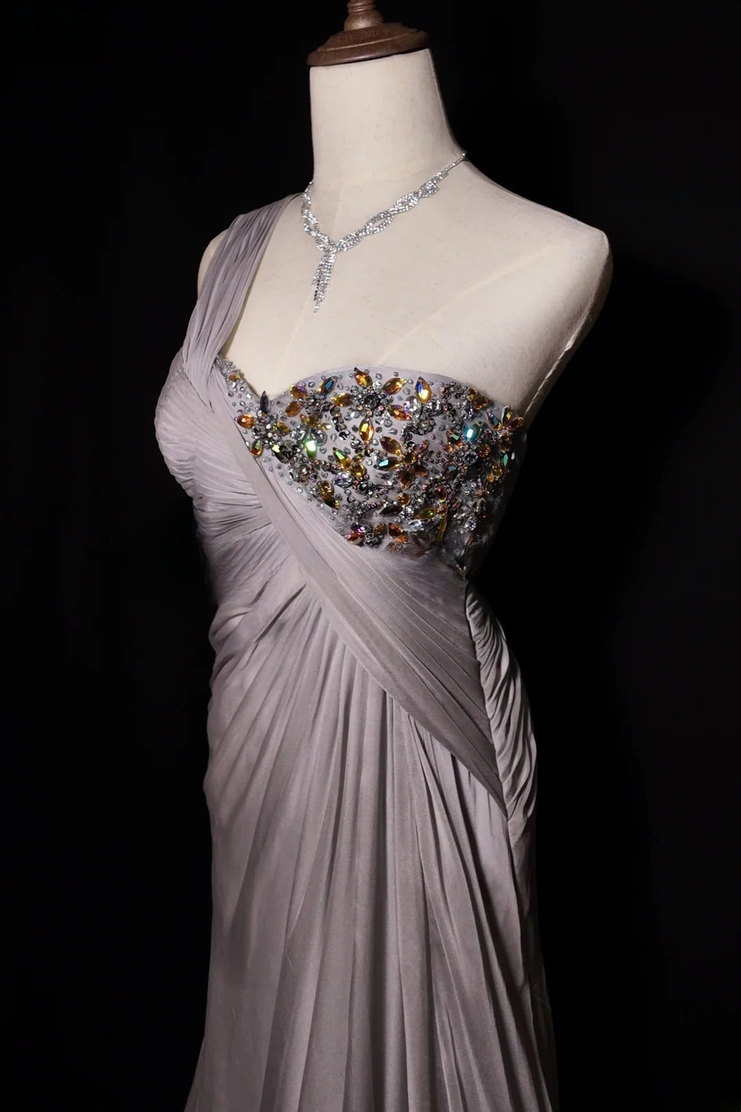 Silver Gray A Line One Shoulder Chiffon With Beading Floor Length Formal Party Gown RB9951